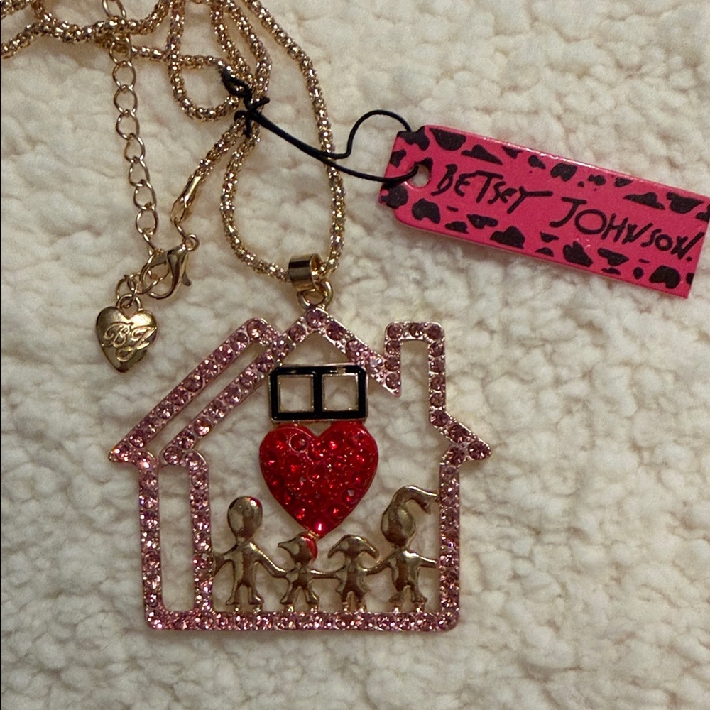 Betsey Johnson Pink and Gold Family House Necklace